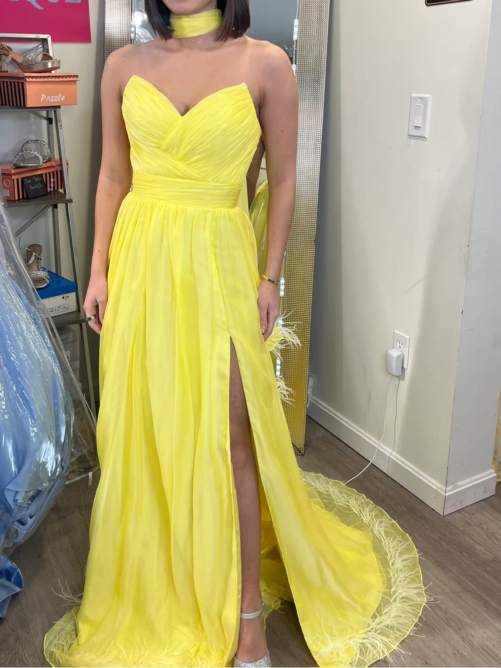 Rachel Allan Strapless Lemon Yellow Gown with Thigh Slit